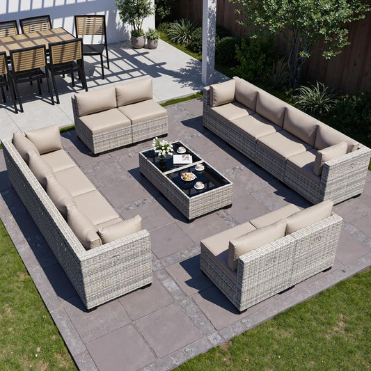 Muphyers 14-Piece Outdoor Patio Furniture Set, PE Wicker Rattan Sectional Sofa Conversation Set with Tempered Glass Table & Thick Cushions - All-Weather Garden, Backyard Furniture,Beige
