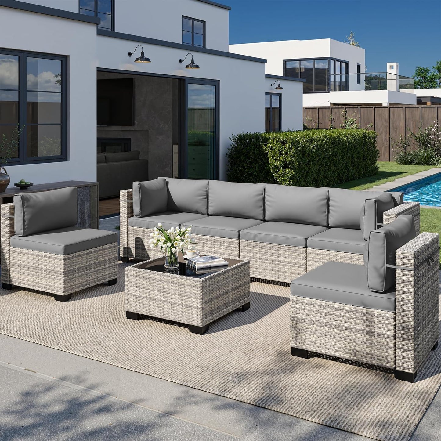 Muphyers 7-Piece Outdoor Patio Furniture Set, PE Wicker Rattan Sectional Sofa Conversation Set with Tempered Glass Table & Thick Cushions - All-Weather Garden, Backyard Furniture,Grey