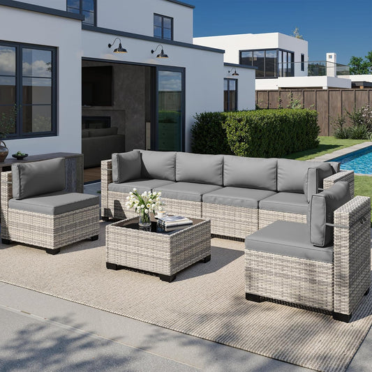 Muphyers 7-Piece Outdoor Patio Furniture Set, PE Wicker Rattan Sectional Sofa Conversation Set with Tempered Glass Table & Thick Cushions - All-Weather Garden, Backyard Furniture,Grey