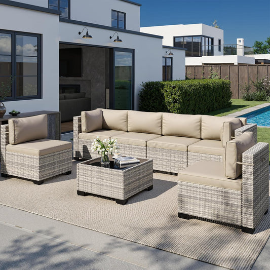 Muphyers 7-Piece Outdoor Patio Furniture Set, PE Wicker Rattan Sectional Sofa Conversation Set with Tempered Glass Table & Thick Cushions - All-Weather Garden, Backyard Furniture,Beige