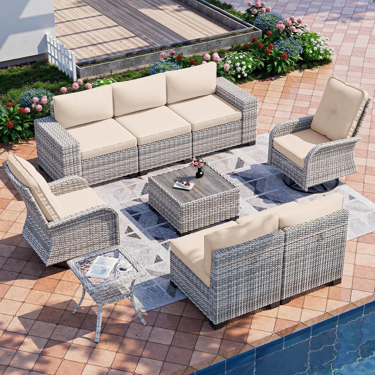 Muphyers 9-Piece Outdoor Patio Furniture Set with Rocking Swivel Chair Wicker Sectional Sofa Set, Patio Conversation Set with Thickened Cushions & Coffee Table for Garden, Backyard