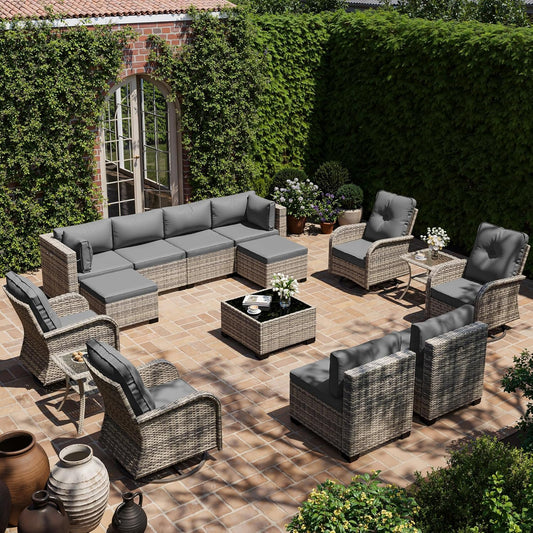 Muphyers 15-Piece Outdoor Patio Furniture Set with Rocking Swivel Chair, Wicker Rattan Sectional Sofa Conversation Set with Tempered Glass Table with Ottomans, Backyard Furniture,Grey