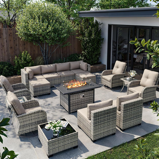 Muphyers 16-Piece Outdoor Patio Furniture Set with Rocking Swivel Chair, Wicker Rattan Sectional Sofa Conversation Set with 55,000 BTU Fire Pit Table with Ottomans, Backyard Furniture,Beige