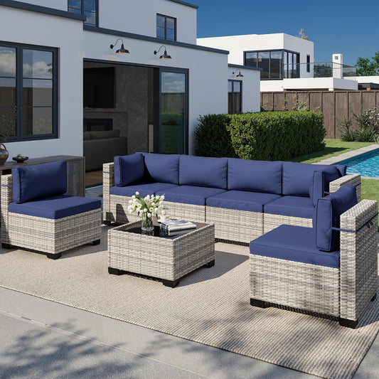 Muphyers 7-Piece Outdoor Patio Furniture Set, PE Wicker Rattan Sectional Sofa Conversation Set with Tempered Glass Table & Thick Cushions - All-Weather Garden, Backyard Furniture,Navy Blue