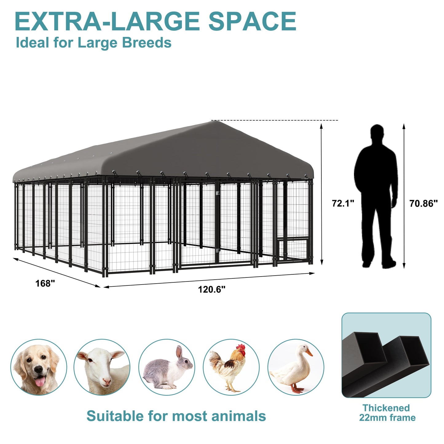 Sweecci 10x14FT Heavy Duty Outdoor Dog Kennel, Double Door Metal Dog Cage with 360° Feeding Door, Waterproof Roof, Secure Playpen for Large Dogs & Small Pets, Easy Assembly